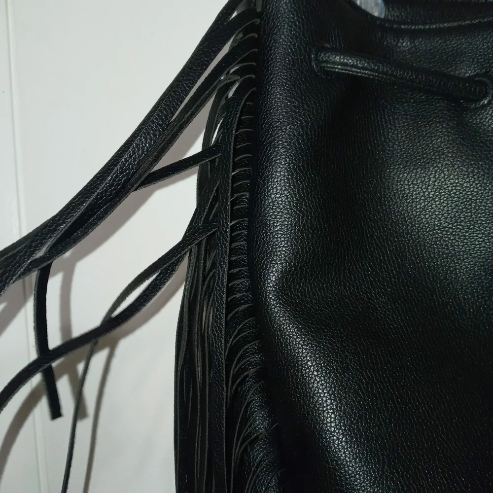 Victoria Secret black Drawstring Backpack With Fringe down both sides